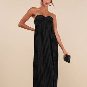 Whimsical Beauty Black Satin Plisse Strapless Maxi Dress